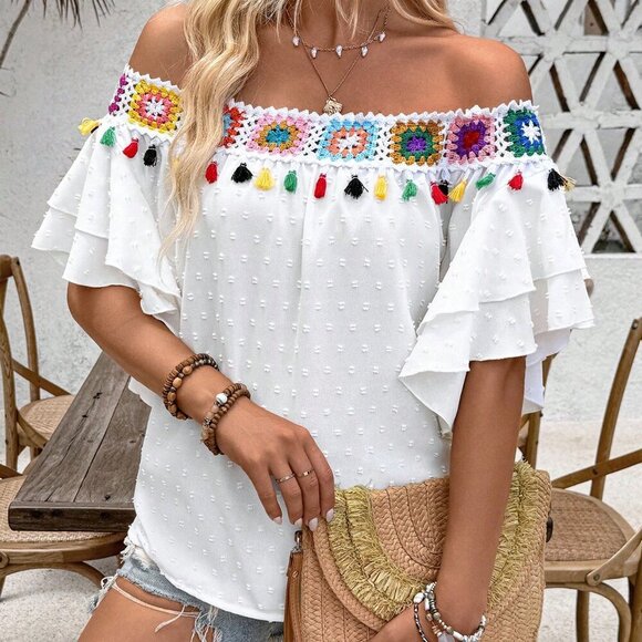White Boho Women's Off Shoulder Shirt With Colorful Tassel Design - Picture 6 of 6